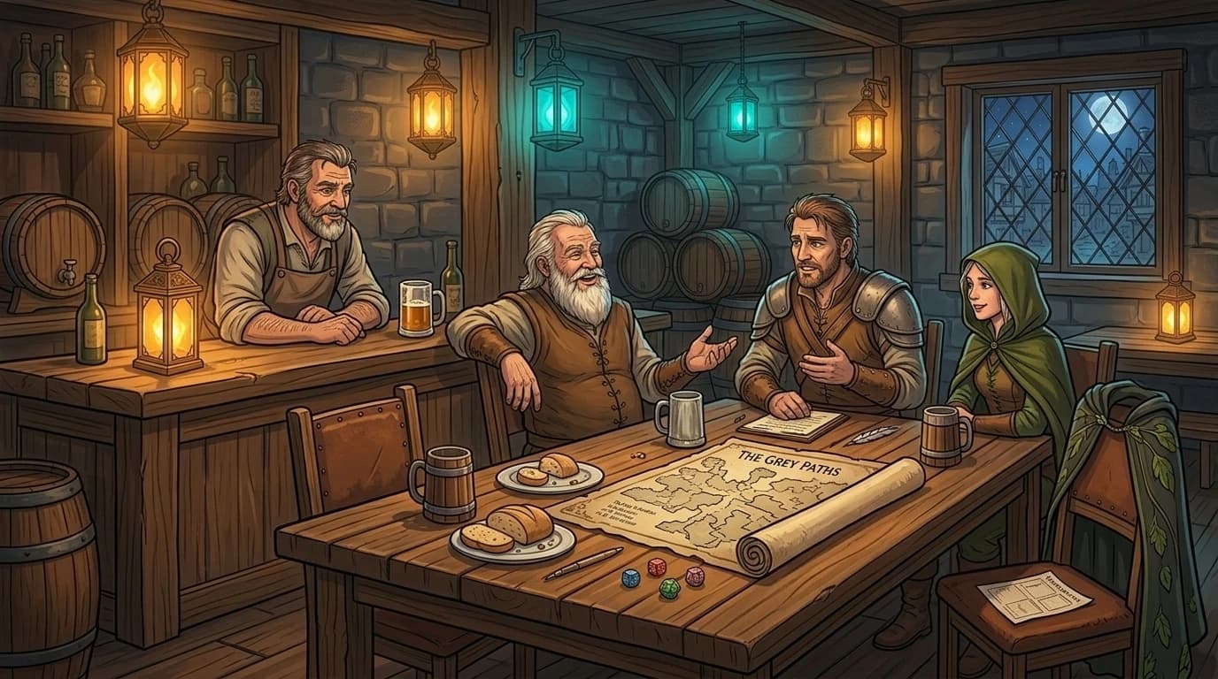 Three adventurers in relaxed conversation at a tavern, with a cloak draped over an empty fourth chair
