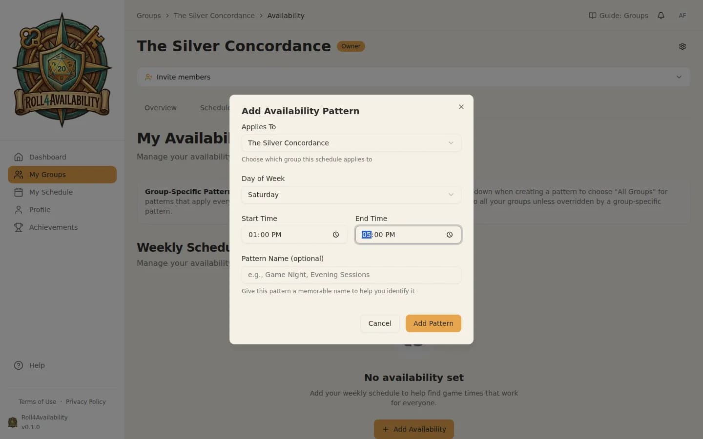 Adding an availability pattern