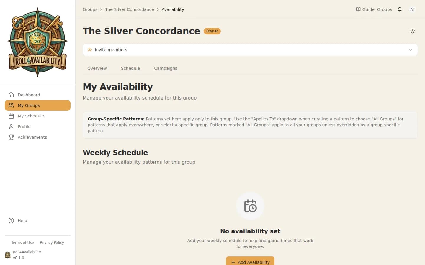 Empty availability page