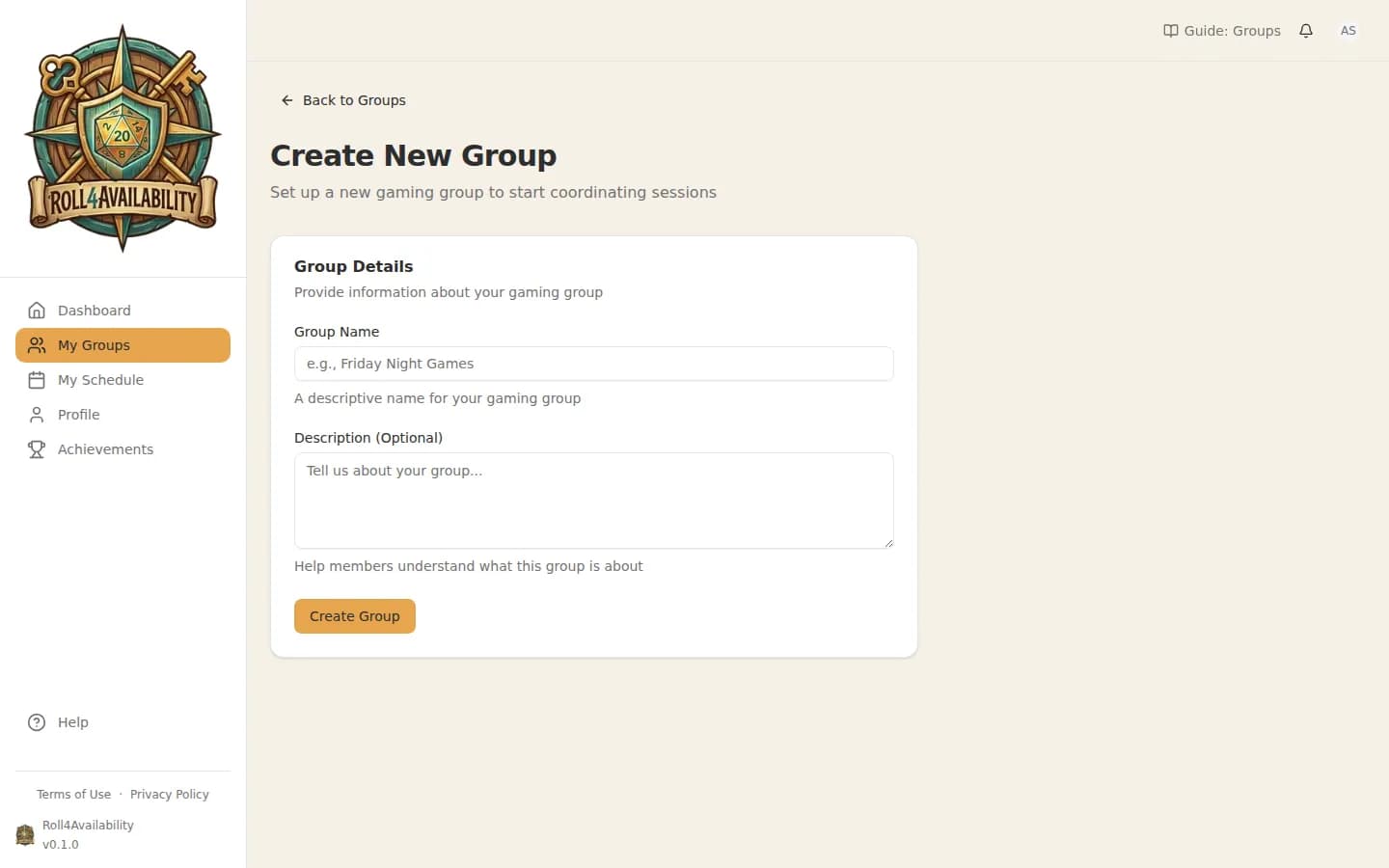 Empty group creation form