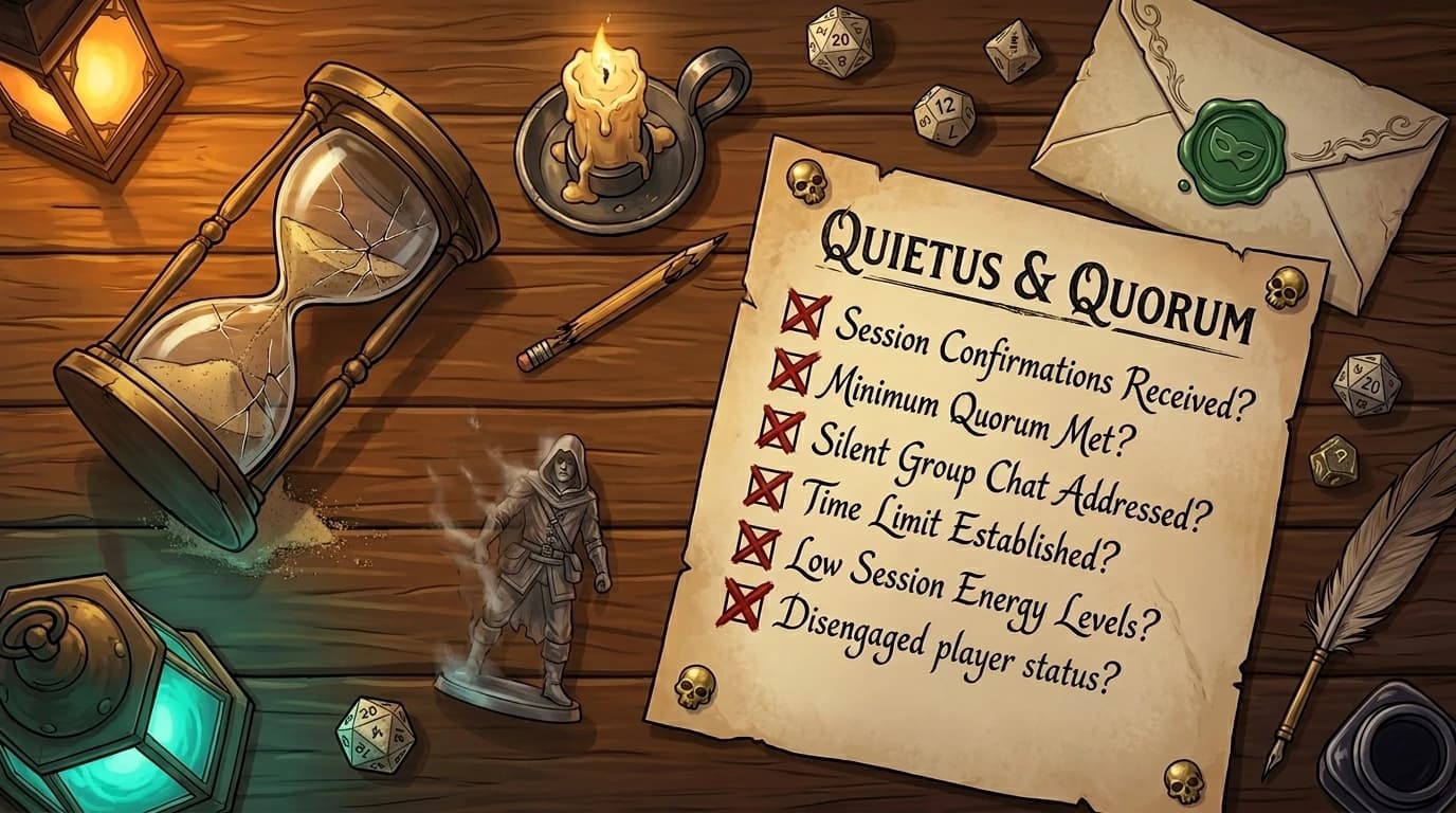 A diagnostic checklist parchment surrounded by warning signs — cracked hourglass, fading figurine, burned-down candle