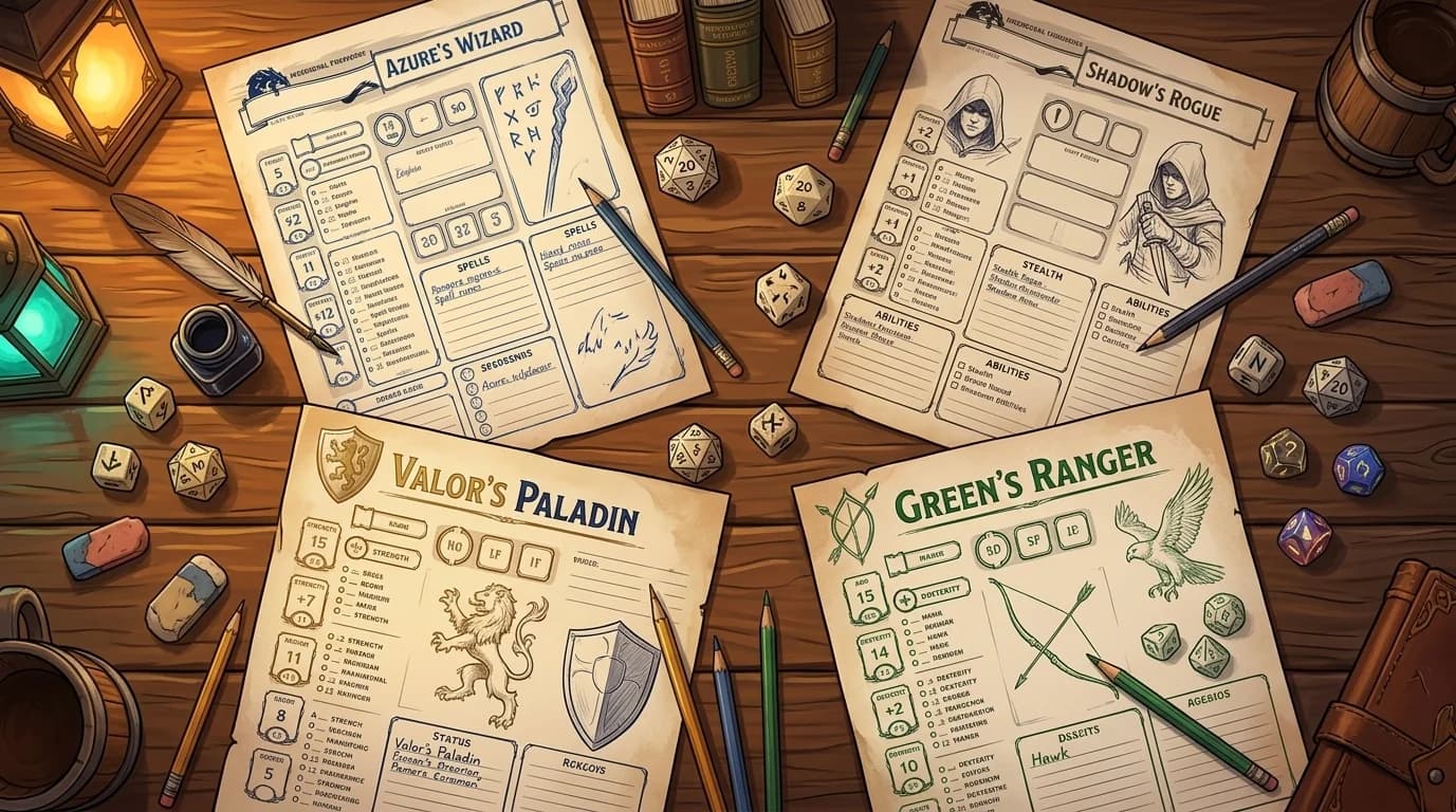 Character sheets being collaboratively filled in at a tavern table