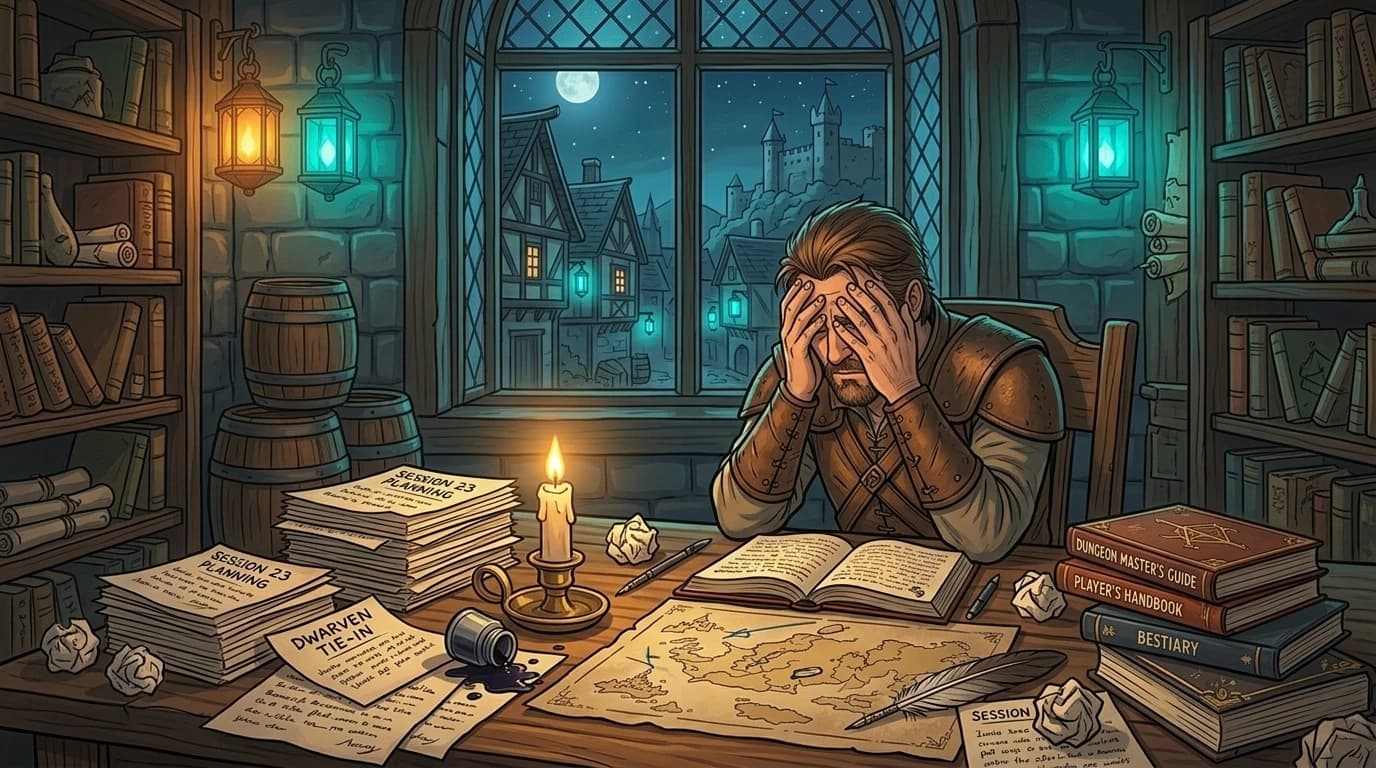 A weary Game Master slumped over a cluttered desk of notes and rulebooks late at night