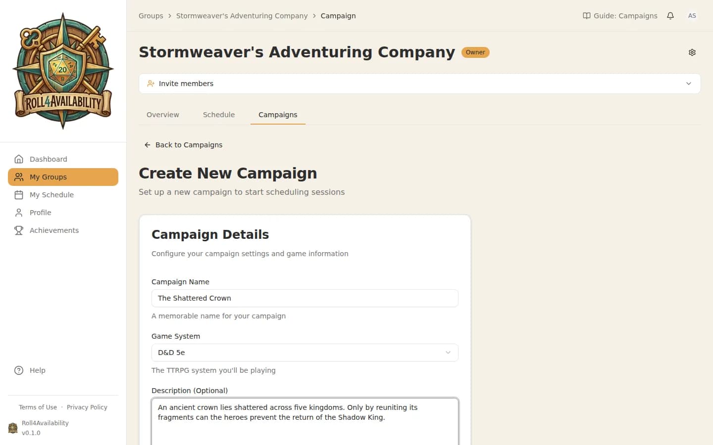 Filled campaign creation form