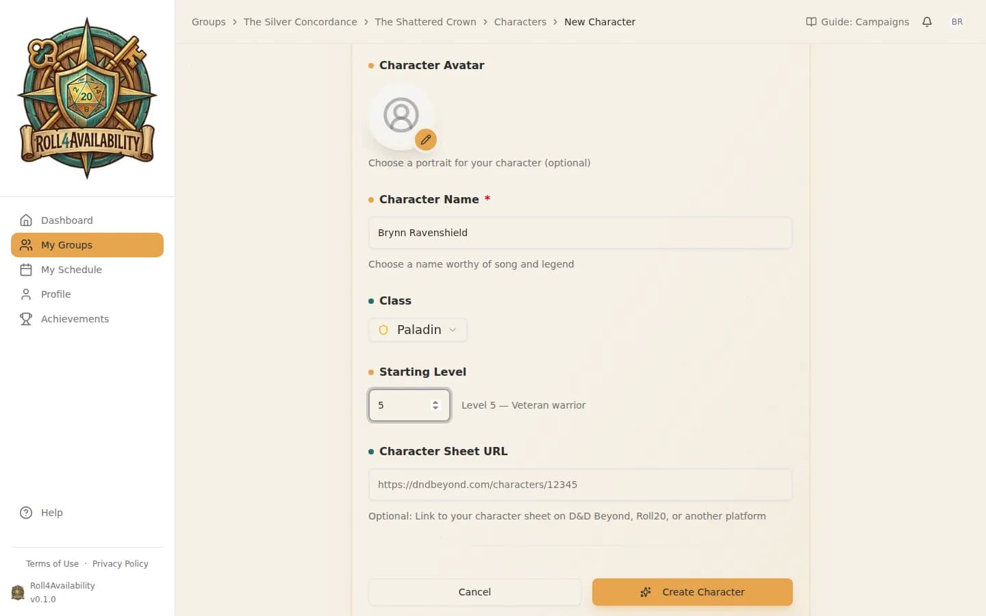 Character creation form filled in