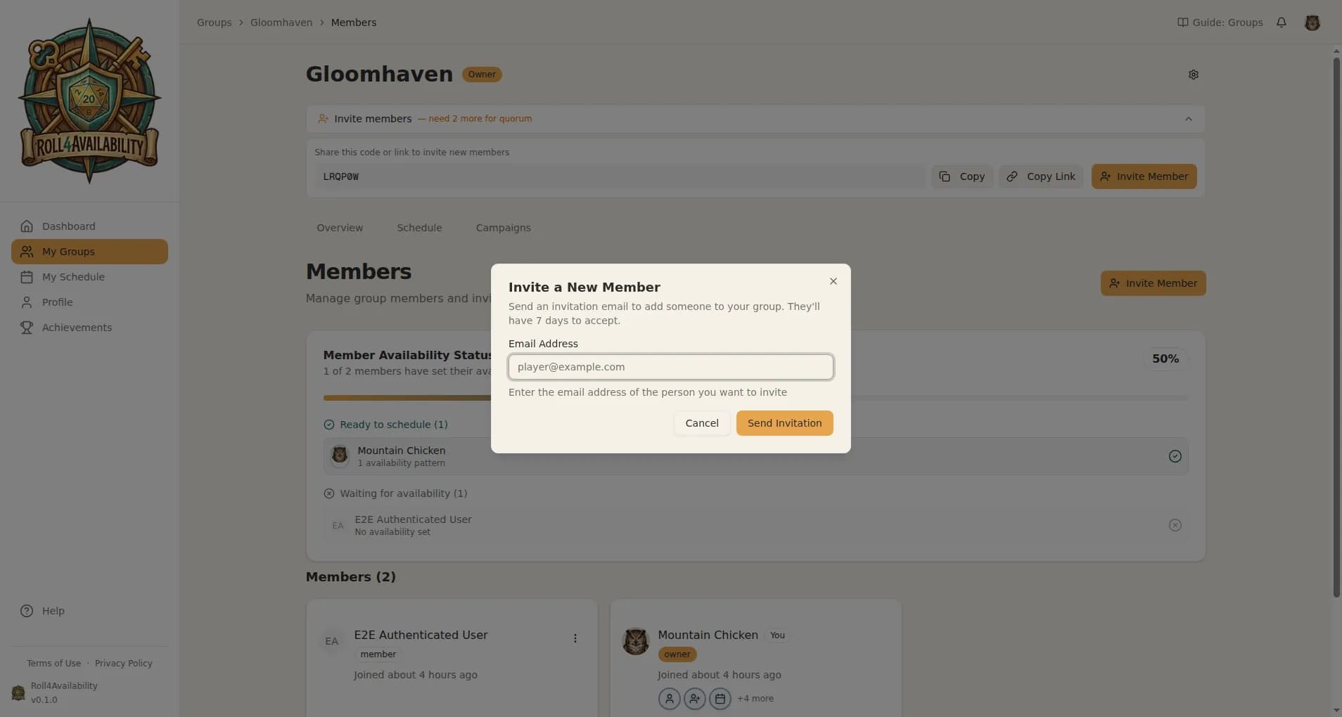 Invite a New Member dialog with email field