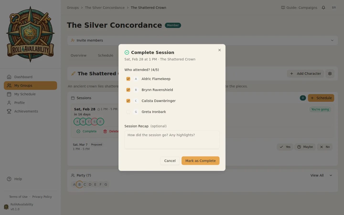 Session completion dialog